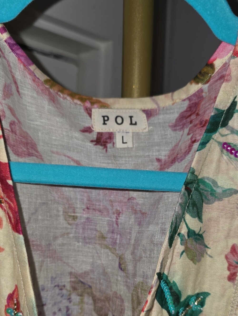 POL Floral Beaded Dress in Cream, Pink & Green Lg - Picture 7 of 8